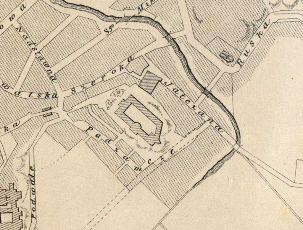 Fragment planu Lublina z 1878 roku opracowany przez Anastazego Suligowskiego, sporządzony według planu regulacyjnego z 1874 r. i uzupełniony w 1878 r. Źródło: Archiwum Państwowe w Lublinie