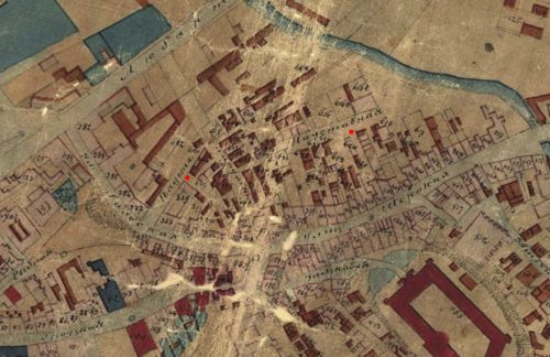 Nadstawnaja w dwóch miejscach (zaznaczona czerwonymi kropkami) na planie miasta z 1870 roku, materiał pochodzi z Lubelskiego Archiwum Cyfrowego (lac.lublin.pl)